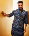 Indigo Blue Ikat Inspired Kurta Jacket Set image number 0